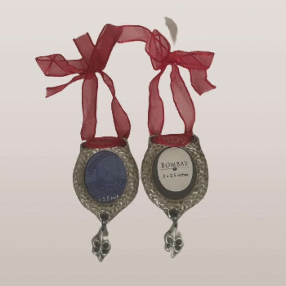 NWT 2 vintage photo Christmas ornaments, pewter colored with red ribbons